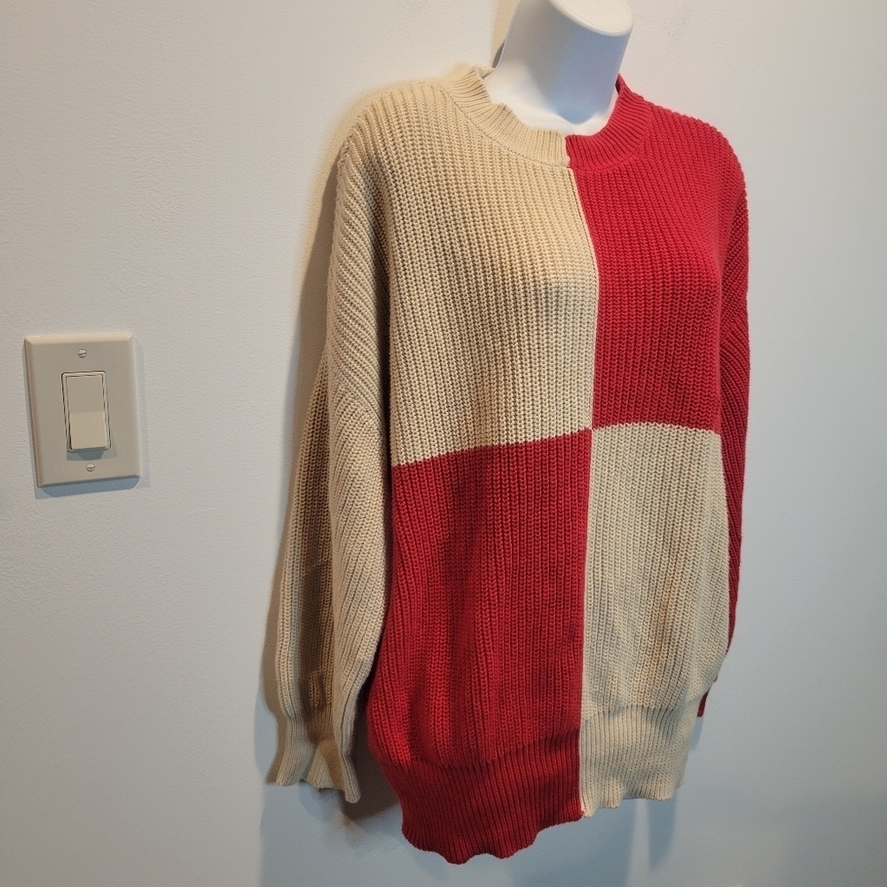 Mng Size M Red/Beige Colorblock Statement Sweater - image 2